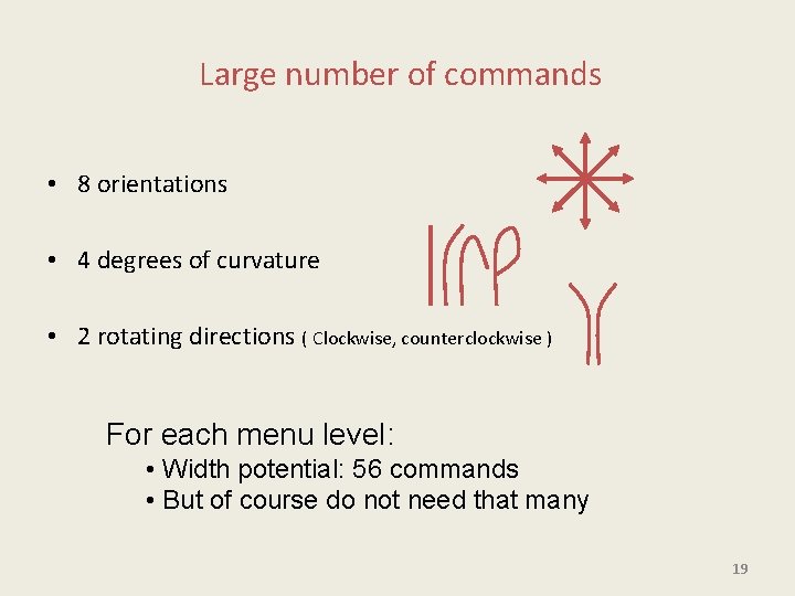 Large number of commands • 8 orientations • 4 degrees of curvature • 2