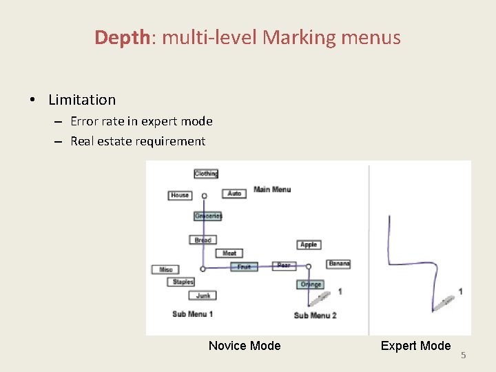 Depth: multi-level Marking menus • Limitation – Error rate in expert mode – Real