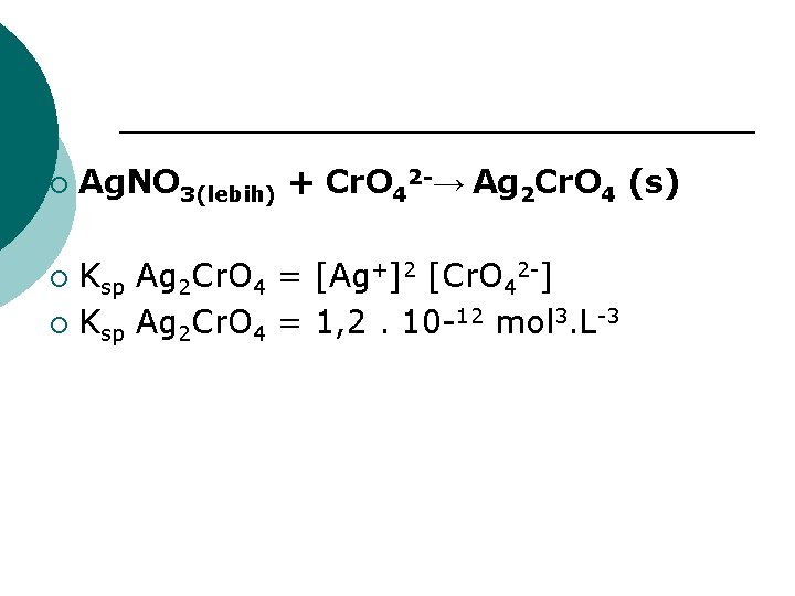 ¡ Ag. NO 3(lebih) + Cr. O 42 -→ Ag 2 Cr. O 4