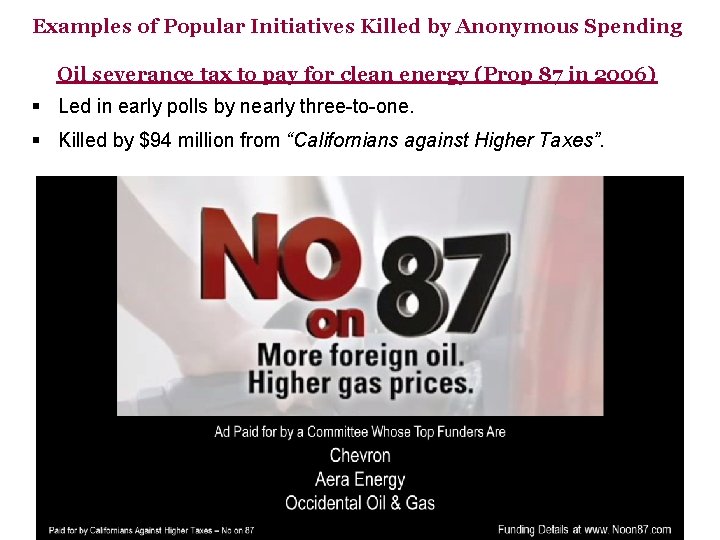 Examples of Popular Initiatives Killed by Anonymous Spending Oil severance tax to pay for