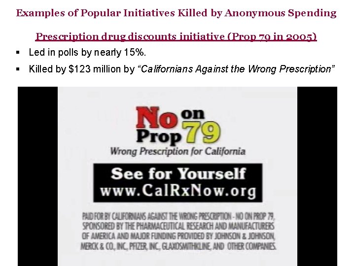 Examples of Popular Initiatives Killed by Anonymous Spending Prescription drug discounts initiative (Prop 79