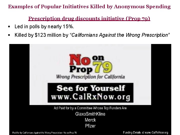 Examples of Popular Initiatives Killed by Anonymous Spending Prescription drug discounts initiative (Prop 79)