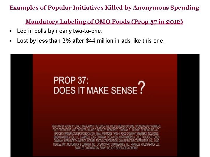 Examples of Popular Initiatives Killed by Anonymous Spending Mandatory Labeling of GMO Foods (Prop