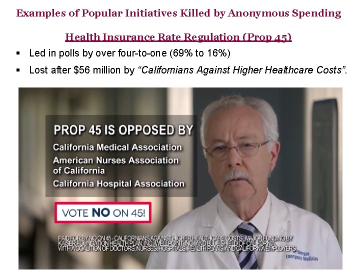 Examples of Popular Initiatives Killed by Anonymous Spending Health Insurance Rate Regulation (Prop 45)