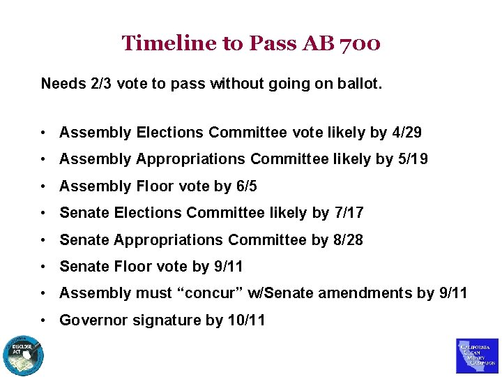 Timeline to Pass AB 700 Needs 2/3 vote to pass without going on ballot.