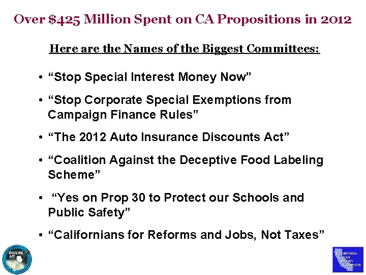 Over $425 Million Spent on CA Propositions in 2012 Here are the Names of