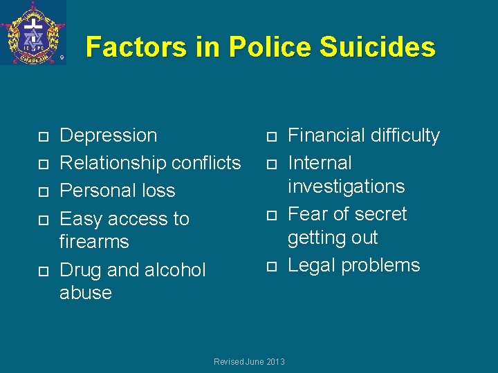 Factors in Police Suicides Depression Relationship conflicts Personal loss Easy access to firearms Drug