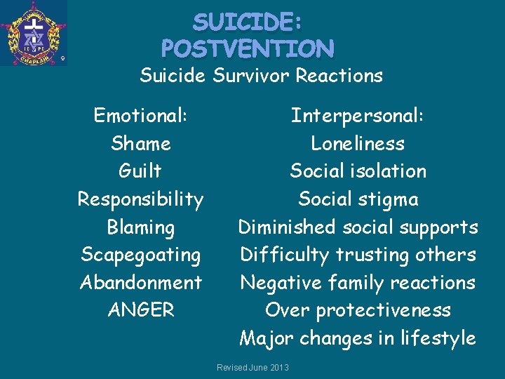 SUICIDE: POSTVENTION Suicide Survivor Reactions Emotional: Shame Guilt Responsibility Blaming Scapegoating Abandonment ANGER Interpersonal: