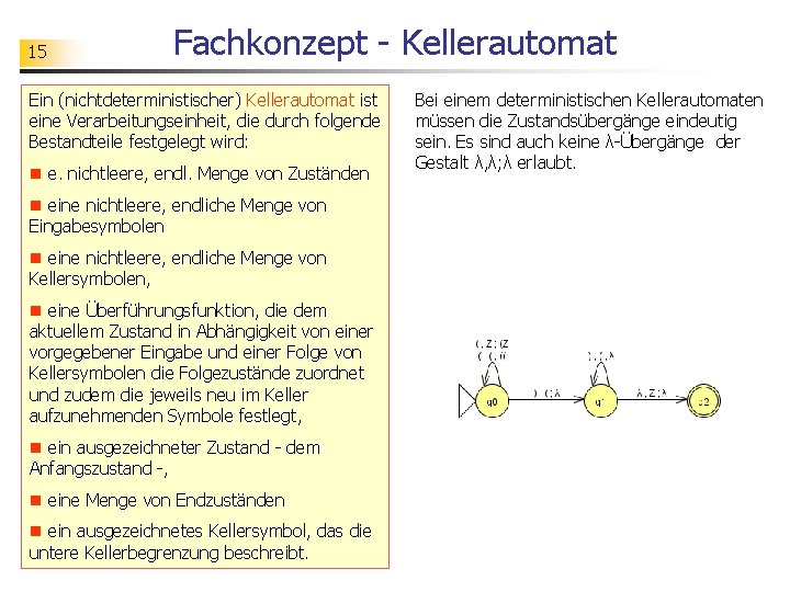 15 Fachkonzept - Kellerautomat Ein (nichtdeterministischer) Kellerautomat ist eine Verarbeitungseinheit, die durch folgende Bestandteile