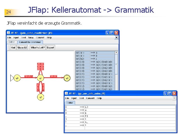 24 JFlap: Kellerautomat -> Grammatik JFlap vereinfacht die erzeugte Grammatik. 