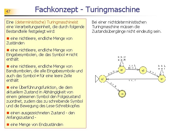 47 Fachkonzept - Turingmaschine Eine (deterministische) Turingmaschineist eine Verarbeitungseinheit, die durch folgende Bestandteile festgelegt