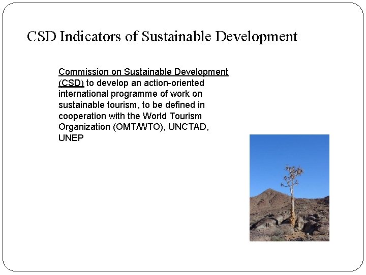 CSD Indicators of Sustainable Development Commission on Sustainable Development (CSD) to develop an action-oriented