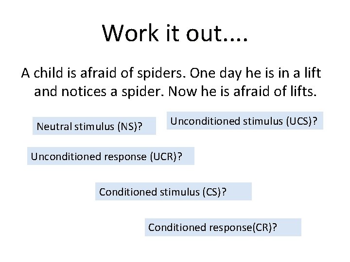 Work it out. . A child is afraid of spiders. One day he is