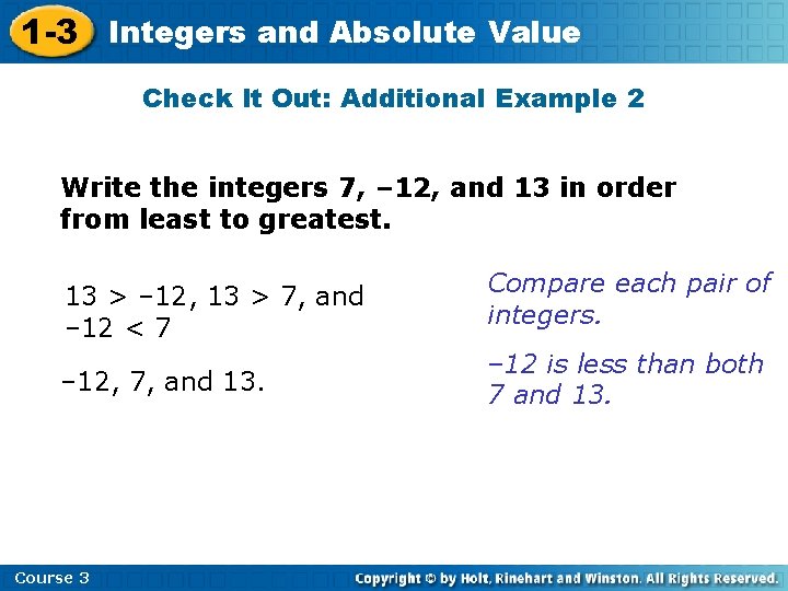 1 -3 Integers and Absolute Value Check It Out: Additional Example 2 Write the