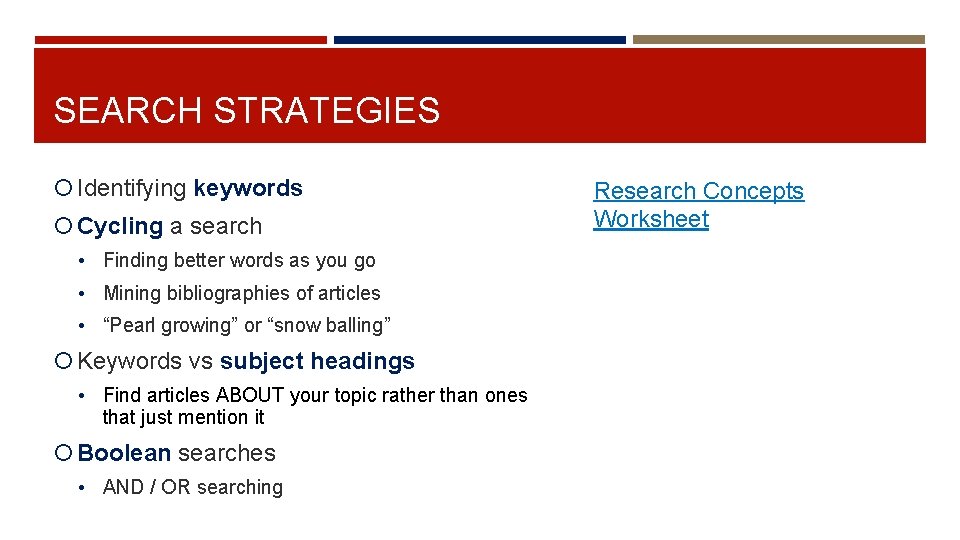 SEARCH STRATEGIES Identifying keywords Cycling a search • Finding better words as you go