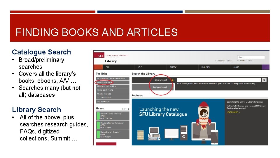 FINDING BOOKS AND ARTICLES Catalogue Search • Broad/preliminary searches • Covers all the library’s