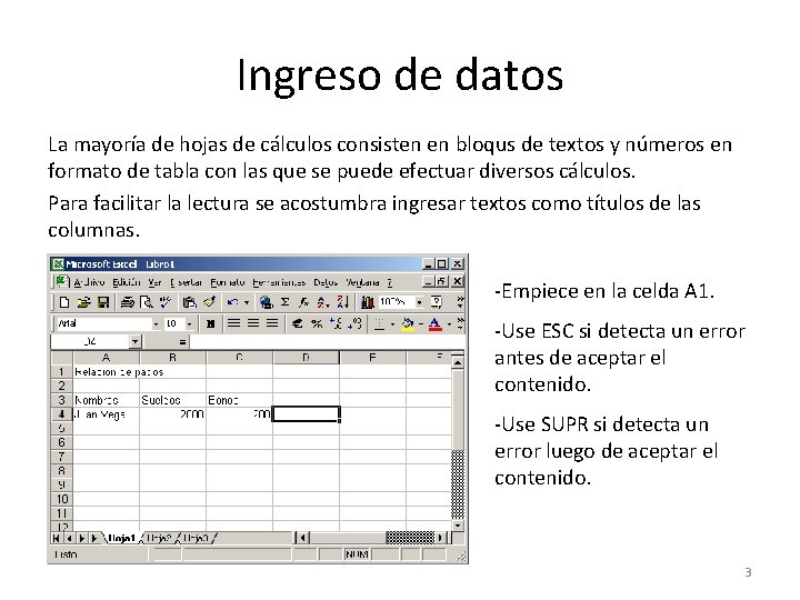 Ingreso de datos La mayoría de hojas de cálculos consisten en bloqus de textos