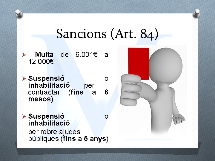 Sancions (Art. 84) Ø Multa de 6. 001€ a 12. 000€ Ø Suspensió inhabilitació