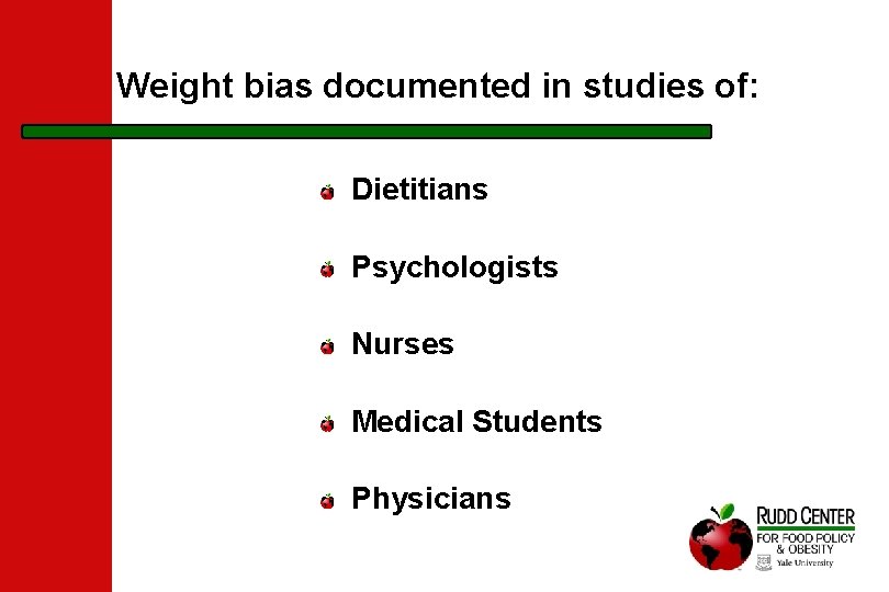 Weight bias documented in studies of: Dietitians Psychologists Nurses Medical Students Physicians 