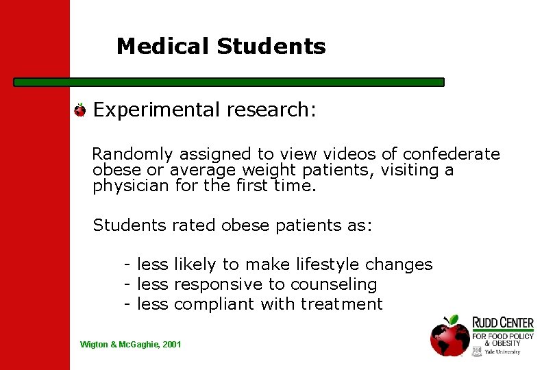 Medical Students Experimental research: Randomly assigned to view videos of confederate obese or average