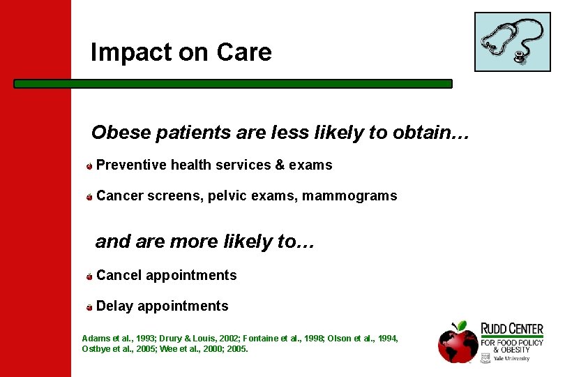 Impact on Care Obese patients are less likely to obtain… Preventive health services &