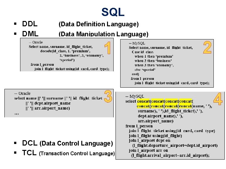 SQL § DDL § DML (Data Definition Language) (Data Manipulation Language) 1 3 2
