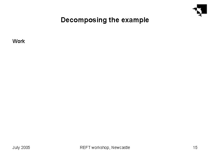 Decomposing the example Work July 2005 REFT workshop, Newcastle 15 