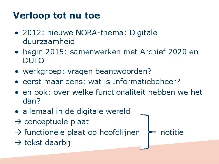 Verloop tot nu toe • 2012: nieuwe NORA-thema: Digitale duurzaamheid • begin 2015: samenwerken