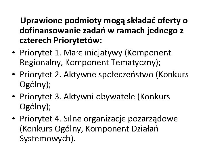  Uprawione podmioty mogą składać oferty o dofinansowanie zadań w ramach jednego z czterech