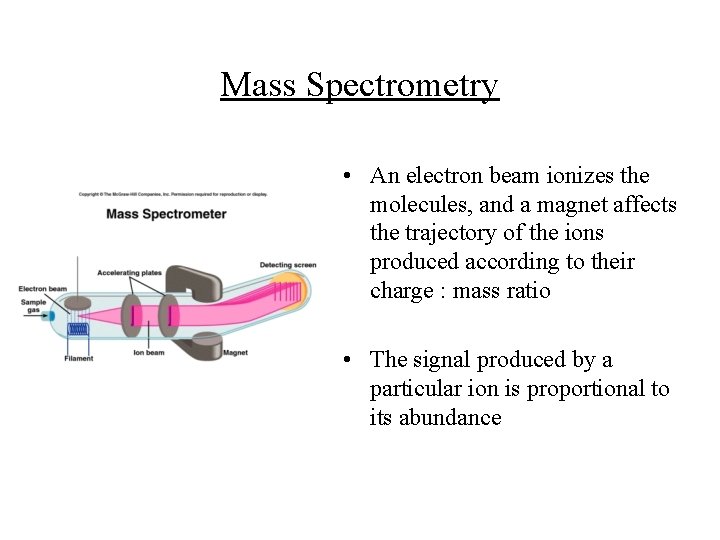 Mass Spectrometry • An electron beam ionizes the molecules, and a magnet affects the