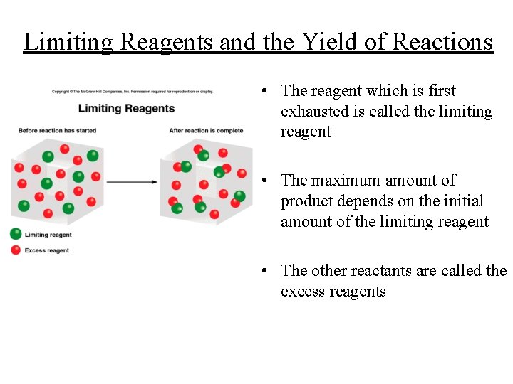 Limiting Reagents and the Yield of Reactions • The reagent which is first exhausted