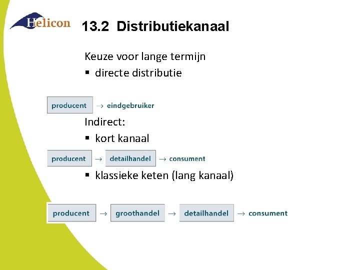 13. 2 Distributiekanaal Keuze voor lange termijn § directe distributie Indirect: § kort kanaal