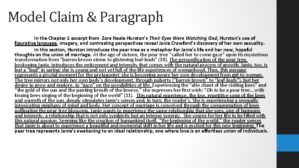 Model Claim & Paragraph In the Chapter 2 excerpt from Zora Neale Hurston’s Their