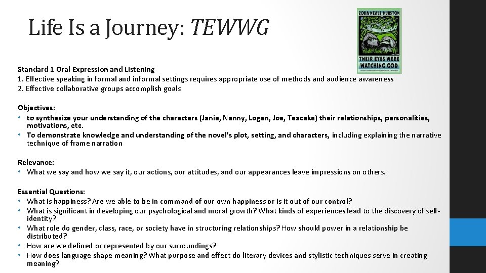 Life Is a Journey: TEWWG Standard 1 Oral Expression and Listening 1. Effective speaking