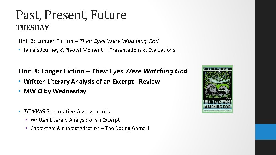 Past, Present, Future TUESDAY Unit 3: Longer Fiction – Their Eyes Were Watching God