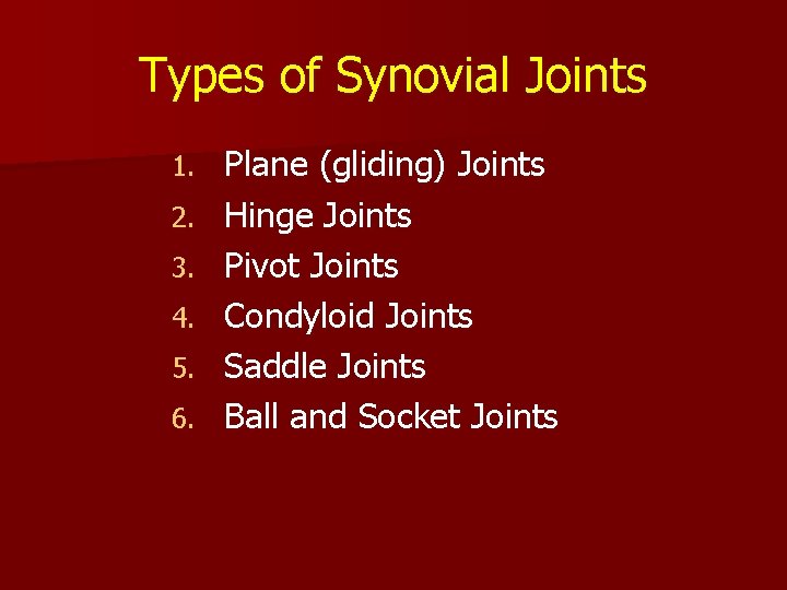 Types of Synovial Joints 1. 2. 3. 4. 5. 6. Plane (gliding) Joints Hinge Types of Synovial Joints 1. 2. 3. 4. 5. 6. Plane (gliding) Joints Hinge