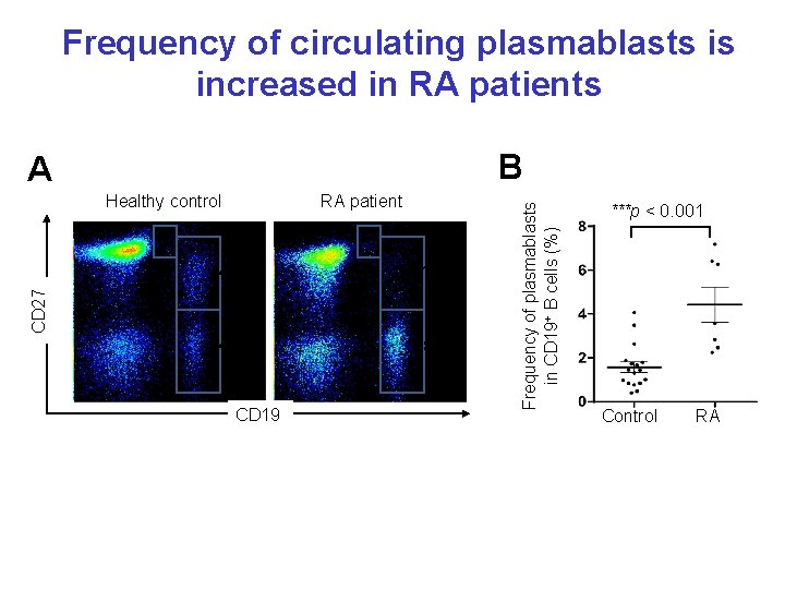 Frequency of circulating plasmablasts is increased in RA patients Healthy control 48% 4% 12%