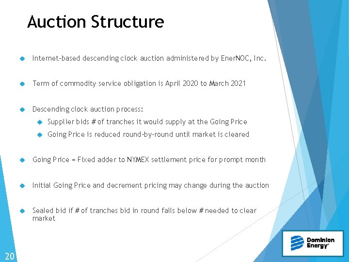 Auction Structure 20 Internet-based descending clock auction administered by Ener. NOC, Inc. Term of