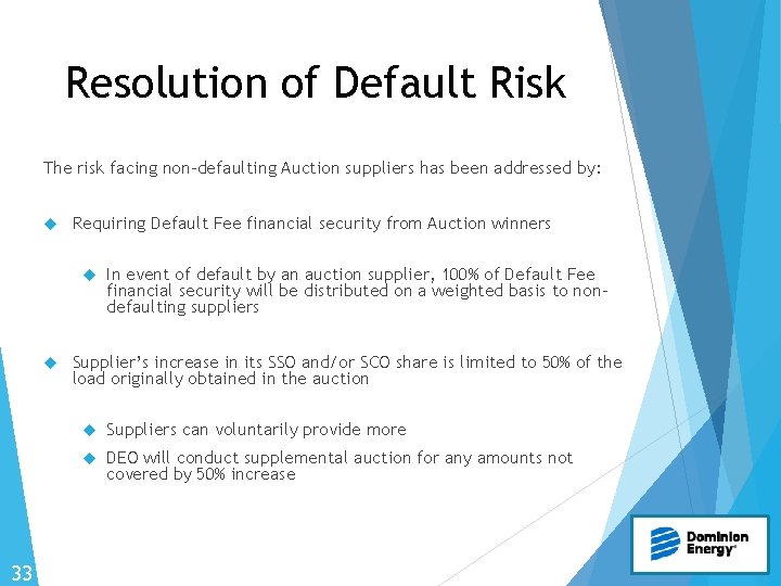 Resolution of Default Risk The risk facing non-defaulting Auction suppliers has been addressed by: