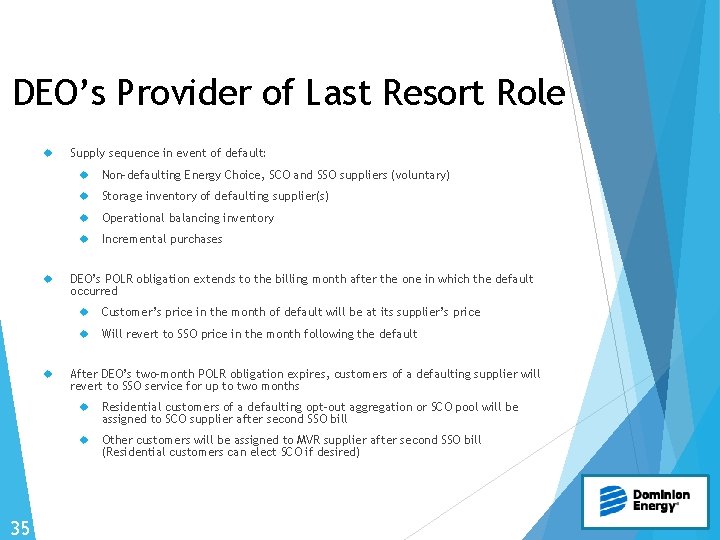 DEO’s Provider of Last Resort Role 35 Supply sequence in event of default: Non-defaulting