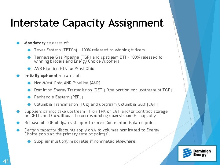 Interstate Capacity Assignment Mandatory releases of: Texas Eastern (TETCo) – 100% released to winning