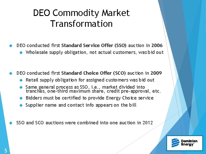 DEO Commodity Market Transformation 5 DEO conducted first Standard Service Offer (SSO) auction in
