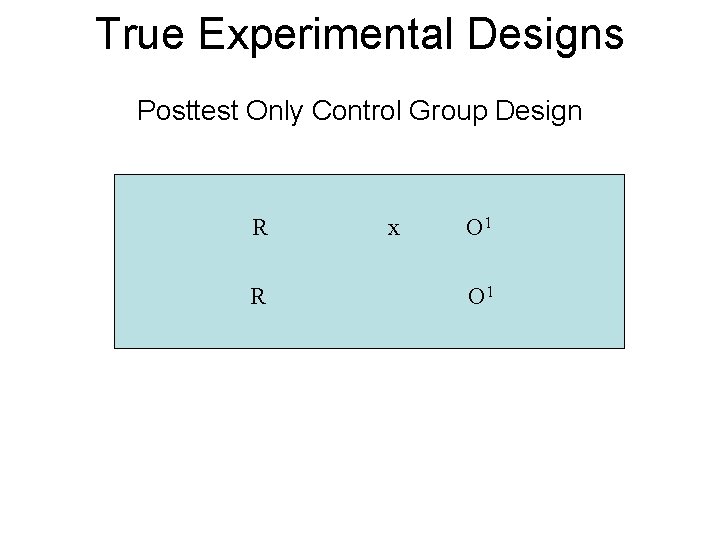 True Experimental Designs Posttest Only Control Group Design R R x O 1 