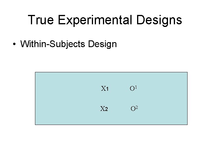 True Experimental Designs • Within-Subjects Design X 1 O 1 X 2 O 2