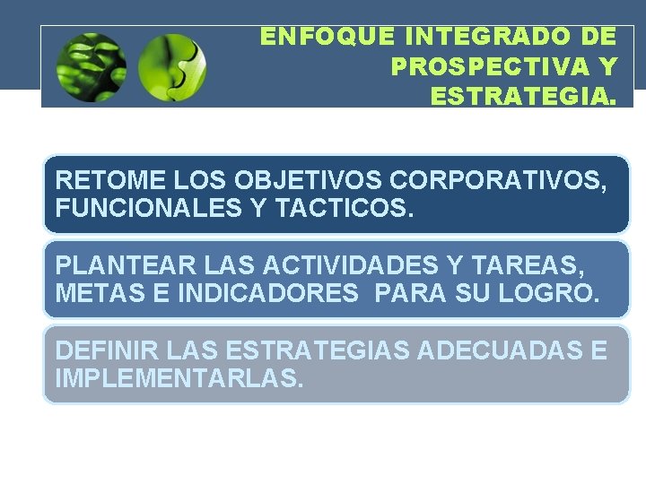 ENFOQUE INTEGRADO DE PROSPECTIVA Y ESTRATEGIA. RETOME LOS OBJETIVOS CORPORATIVOS, FUNCIONALES Y TACTICOS. PLANTEAR