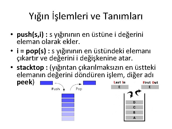 Yığın İşlemleri ve Tanımları • push(s, i) : s yığınının en üstüne i değerini