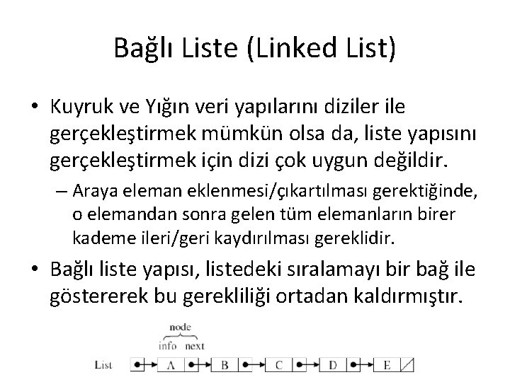 Bağlı Liste (Linked List) • Kuyruk ve Yığın veri yapılarını diziler ile gerçekleştirmek mümkün