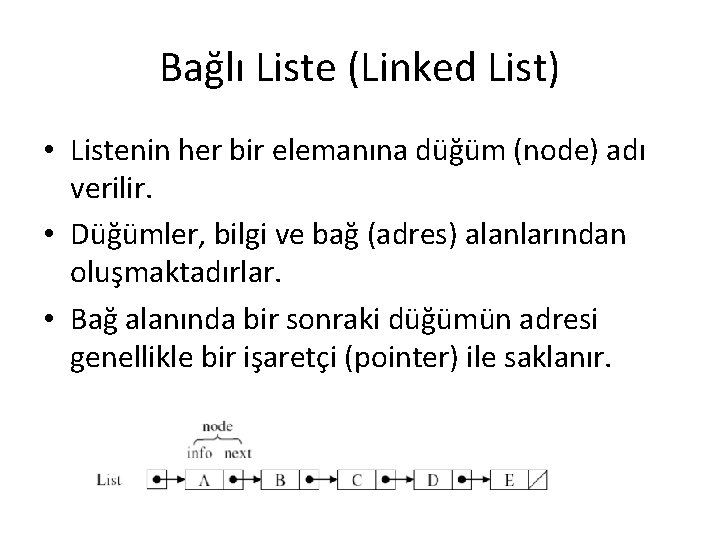 Bağlı Liste (Linked List) • Listenin her bir elemanına düğüm (node) adı verilir. •