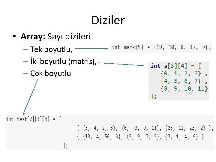 Diziler • Array: Sayı dizileri – Tek boyutlu, – İki boyutlu (matris), – Çok
