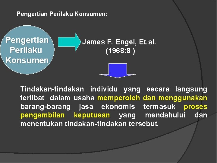Pengertian Perilaku Konsumen: Pengertian Perilaku Konsumen James F. Engel, Et. al. (1968: 8 ) Pengertian Perilaku Konsumen: Pengertian Perilaku Konsumen James F. Engel, Et. al. (1968: 8 )